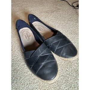 CLARKS 7.5M Danelly Shine Jute Woven Leather Flats Loafer Dark Navy